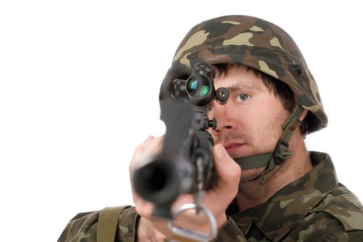 Armed soldier with svd in studio. Closeup