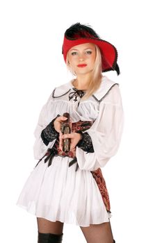 Young charming blonde with gun dressed as pirates