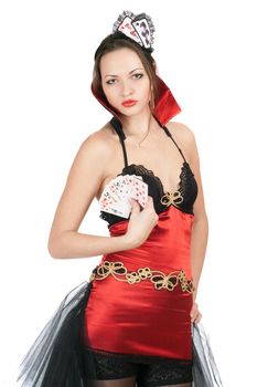 Charming young woman wearing a costume card queen