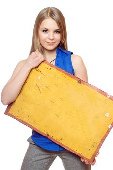 Young woman posing with yellow vintage board. Isolated