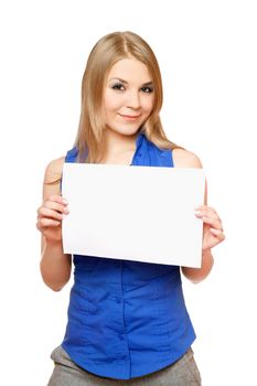 Beautiful young woman holding empty white board. Isolated