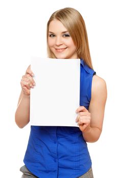 Smiling young woman holding empty white board. Isolated