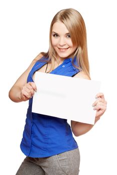 Happy young blonde holding empty white board. Isolated