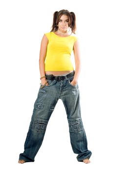 Young rapper girl in wide jeans and yellow top. Isolated