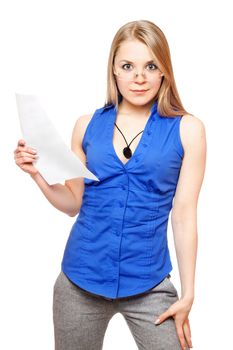 Surprised young business woman in glasses with a paper document