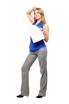 Tired young business woman with a paper document