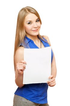 Lovely young woman holding empty white board. Isolated