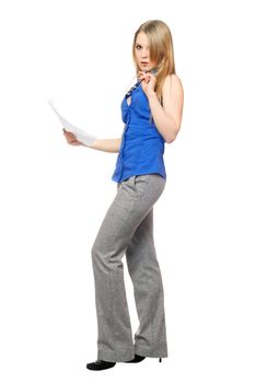 Thoughtful young business woman with a paper document