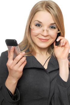 Close-up portrait of smiling blonde with two phones