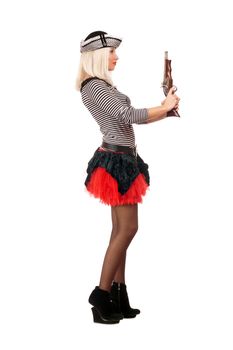 Beautiful young blonde with guns dressed as pirates