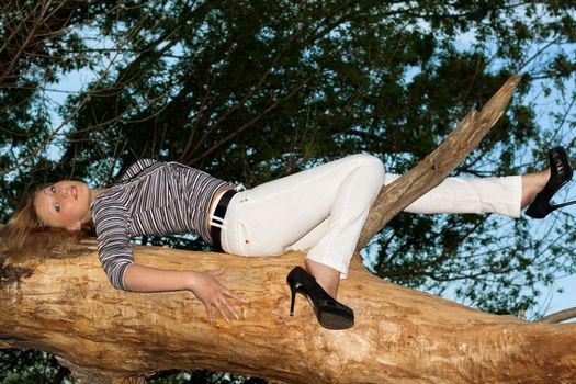 Smiling blonde lying on a tree branch