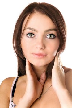 Closeup portrait of a pretty young woman. Isolated