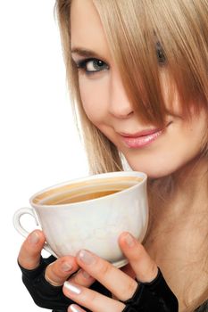 Smiling lovely young blonde with a cup of tea. Isolated