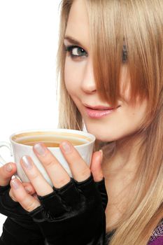 Smiling lovely young blonde with a cup of tea