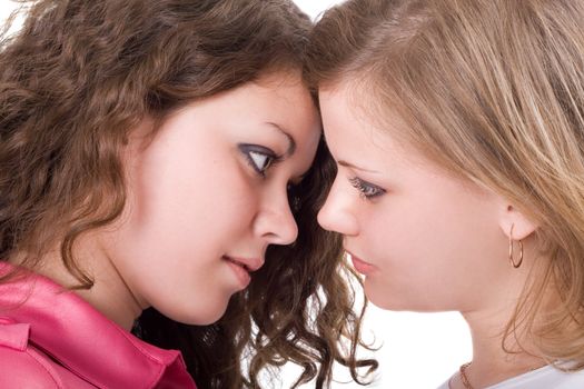 Portrait of the two beauty young women. Isolated.