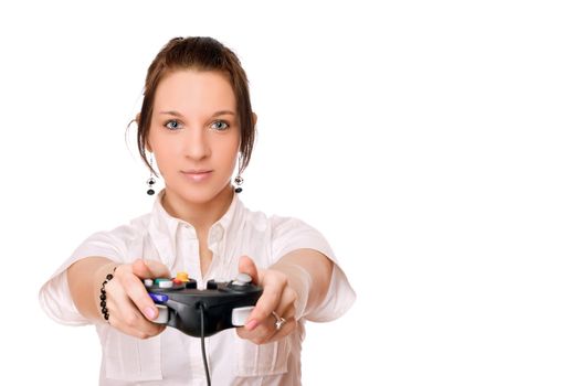 Young pretty brunette girl with a joystick