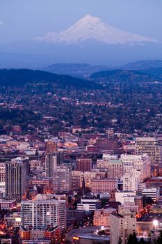 Portland Oregon downtown with Mount Hood standing in the background
