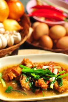Thai foods stir fired crispy bass with celery