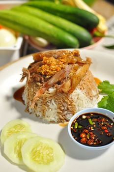 Thai foods rice with brown sauce duck