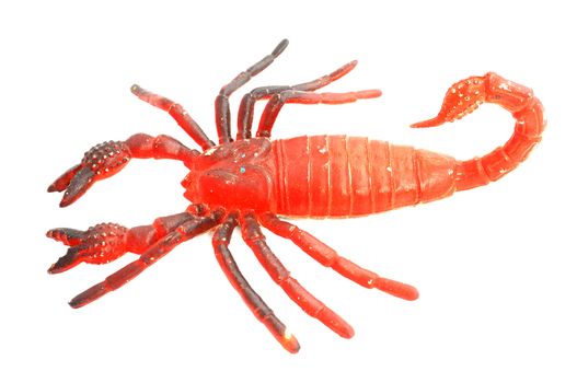 Plastic toy of a red scorpion on a white background