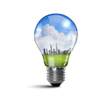 Illustration of an electric light bulb with clean and safe nature inside it Conceptual illustration