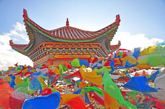 Tibet Pavilion and aflutter buddhist praying flag