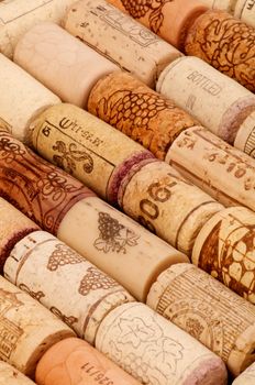 Background of Old Wine Corks in a Row closeup