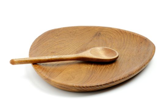 Empty Wood Spoon and Plate isolated on white background 