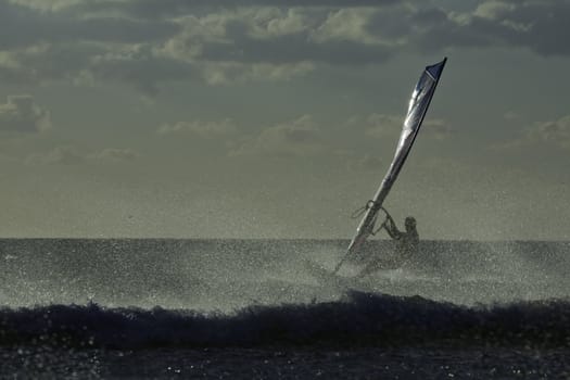 Windsurfer Silhouette on beach, Sanxenxo, Galicia, Spain