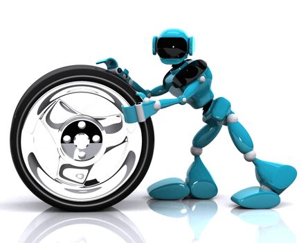 3d illustration of a blue robot and wheel on white background