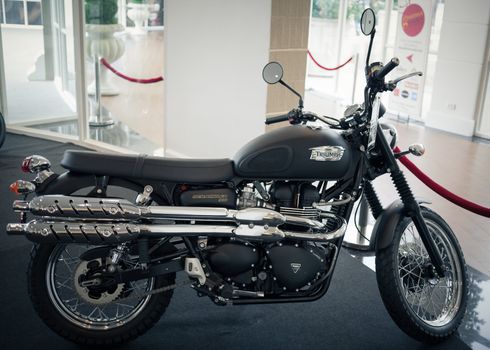BANGKOK - SEPTEMBER 22: Triumph scrambler on display at the Promenade Bigbike Show on September 22, 2012 in Bangkok, Thailand