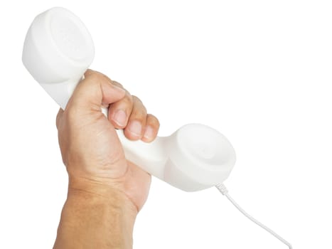 hand and white telephone receiver with cord isolated