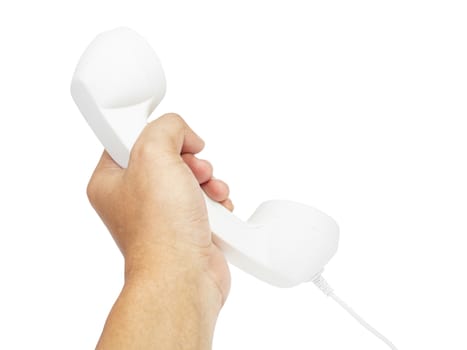 hand and white telephone receiver with cord isolated