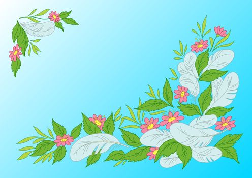 Abstract background, leaves, flowers and feathers on sky