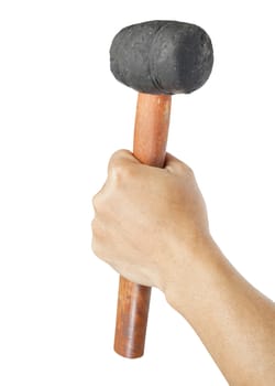 hand with old rubber mallet on white background