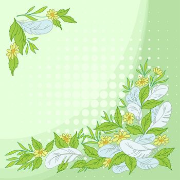 Abstract background, leaves, flowers and feathers on green