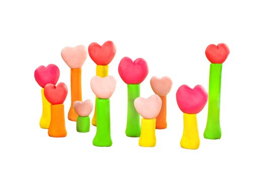 group of sweet color heart on post made from plasticine