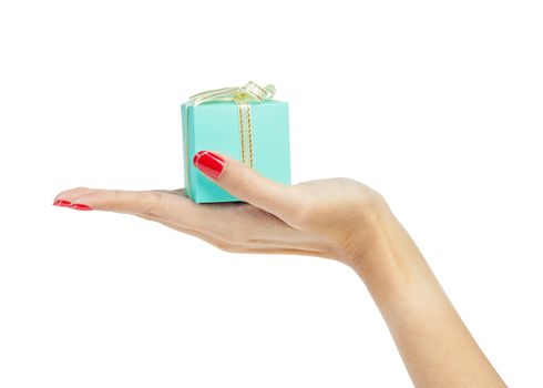 female hand holding  gift box