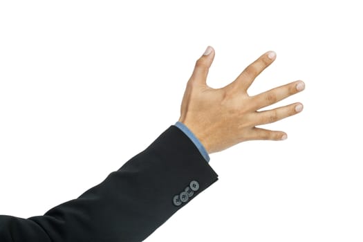 businessman hand pushing screen on white background