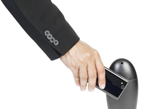 business man holding smartphone as NFC - Near field communication concept