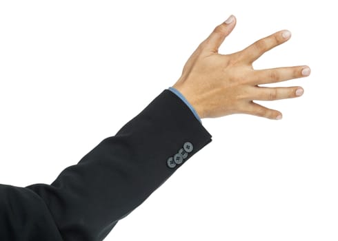 businessman hand pushing screen on white background