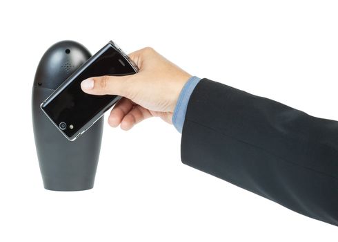 business man holding smartphone as NFC - Near field communication concept