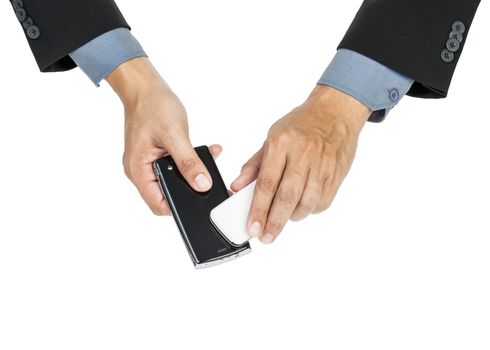 business man holding smartphone as NFC - Near field communication concept