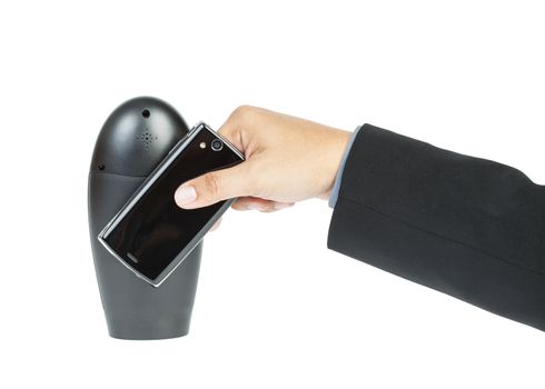 business man holding smartphone as NFC - Near field communication concept