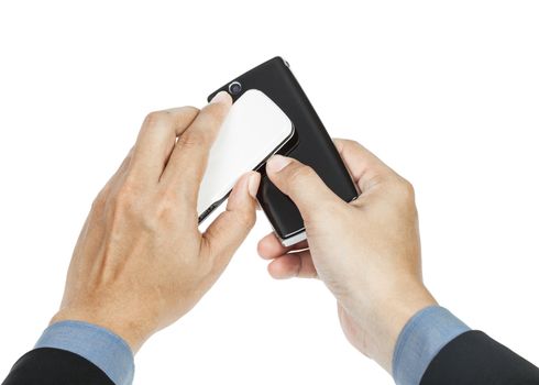 business man holding smartphone as NFC - Near field communication concept