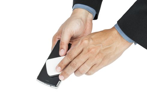 business man holding smartphone as NFC - Near field communication concept