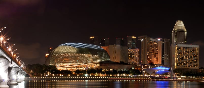 Panorama of Singapore skyline with Esplanade public theatre ay night