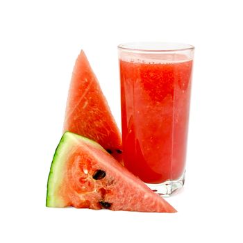 Watermelon juice in a tall glass with two pieces of watermelon isolated on white background