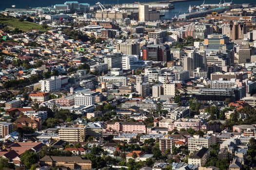 Aerial view of the city of Capetown showing the densely packed buildings