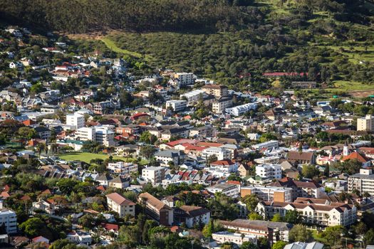 Aerial view of the city of Capetown showing the densely packed buildings